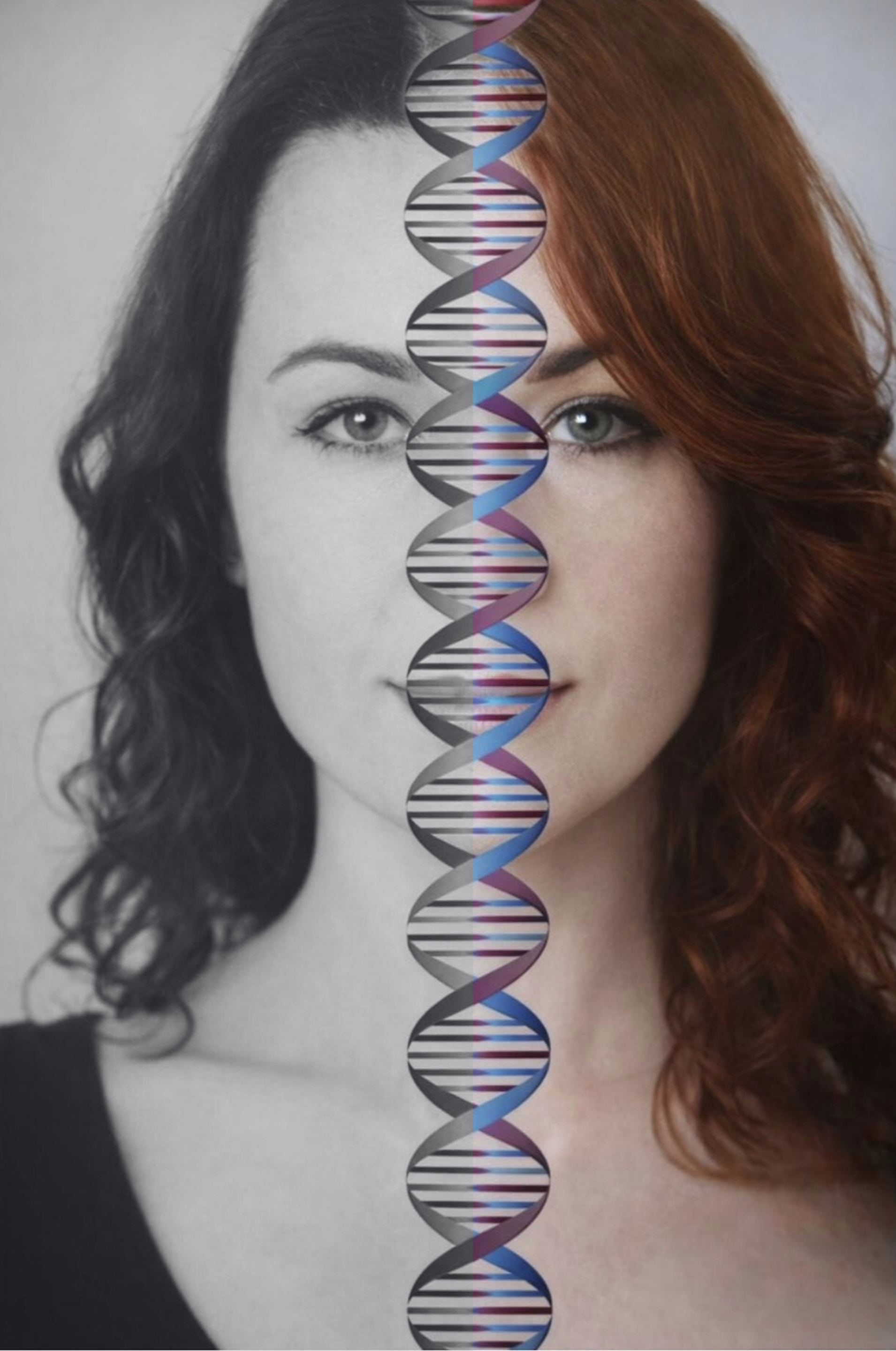 Rosto dividido entre preto e branco e cor, atravessado por uma hélice de DNA